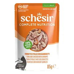 Schesir konservuotas maistas katėms su vištiena, tunu ir krevetėmis, želėje, 85g