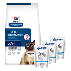 HILL'S PD Prescription Diet Feline z/d Jautrumas maistui 3kg + ENZO VET Hipoalerginiai produktai katėms su ėriena želė 3x100g
