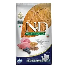Farmina N&D Ancestral Grain Adult Medium & Maxi Lamb & Blueberry sausas maistas vidutinių ir didelių veislių šuniukams, 20 kg