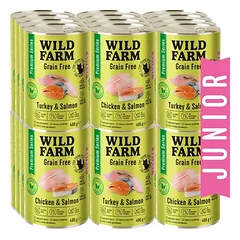 WILD FARM Premium Grain Free Turkey and Salmon / Chicken and Salmon Junior 24x400g- kačiukų ėdalas be grūdų