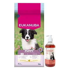 EUKANUBA Šuniukams ir jaunikliams vidutinio dydžio veislėms 15 kg + LAB V Lašišų aliejus šunims ir katėms 500ml