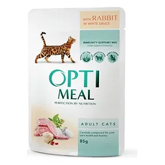 OPTIMEAL ™. Visavertis konservuotas ėdalas suaugusioms katėms su  triušiena baltame padaže 85g.x12vnt.