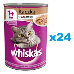 WHISKAS Adult konservų dėžutė 24x400 g - drėgnas visavertis ėdalas suaugusioms katėms, gabalėliai su antiena drebučiuose