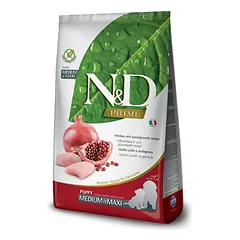 Farmina N&D Dog Grain Free Puppy M/L be grūdų sausas maistas vidutinių ir didelių veislių šuniukams ir nėščiosioms kalytėms su vištiena ir granatais, 12 kg