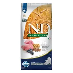 Farmina N&D Ancestral Grain Puppy Medium & Maxi Lamb & Blueberry sausas maistas vidutinių ir didelių veislių šuniukams, 20 kg