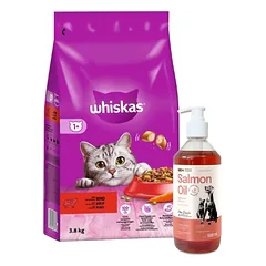 WHISKAS Adult 3,8 kg - sausas visavertis pašaras suaugusioms katėms su gardžia jautiena + LAB V Lašišų aliejus šunims ir katėms 500ml
