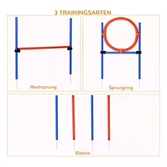 Agility rinkinys šunims, 3 dalių: barjeras, slalomo kartys, šokinėjimo lankas, su krepšiu, mėlynai raudonas — 4 nuotrauka