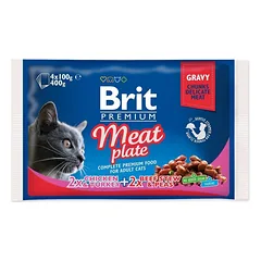 Brit Premium Cat Pouch Meat Plate visavertis drėgnas maistas suaugusiems katėms su vištiena, kalakutiena ir jautiena, 4×100 g parduotuvėje sunu.lt