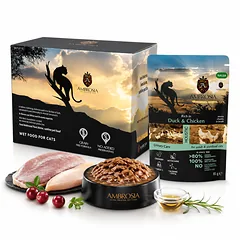 AMBROSIA Cat Adult Sterilized Duck & Chicken 85g*12vnt urinary care, konservai katėms su antiena ir vištiena