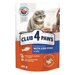 CLUB 4 PAWS Premium konservai suaugusioms katėms su menke 80g x 24 vnt