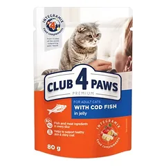 CLUB 4 PAWS Premium visavertis konservuotas maistas suaugusioms katėms su menke drebučiuose 80g.x24vnt.