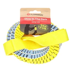 Flamingo Glow Tug Rope Ring - traukimo žaislas su pintu žiedu šunims, šviečia tamsoje, geltonas