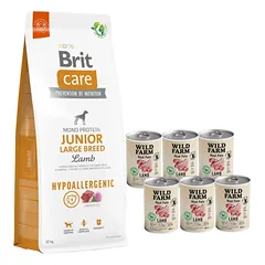 BRIT CARE Dog Hypoallergenic Junior Large Breed Lamb 12kg + Wild Farm Pate Lamb 6x400g ėrienos ėdalas šunims be glitimo