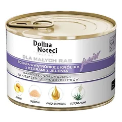 Dolina Noteci PREMIUM mažų veislių šunims JUNIOR su triušio kepenėlėmis ir elnio liežuviais 12x185 g