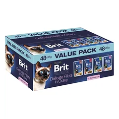 BRIT Premium by Nature Cat Sterilized Fillets in Gravy Value Pack 48 x 85 g – šlapias pašaras su mėsos ir žuvies filė gabalėliais padaže sterilizuotoms katėms