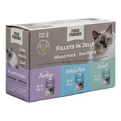 Four Friends Sterilized Mix drėgnas pašaras katėms drebučiuose su ėriena, balta žuvimi ir kalakutiena, 12×85 g