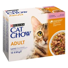 PURINA CAT CHOW Adult Multipack su lašiša ir šparaginėmis pupelėmis želė 10x85 g