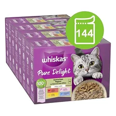 Didelė pakuotė Whiskas Pure Delight porcijų maišeliai, drėgnas maistas katėms 144 x 85 g