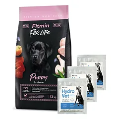 FITMIN DOG For Life Puppy 12kg + Hydro-Vet Dog - dietinis pašarų mišinys šunims, skatinantis atsigavimą po operacijos 3x22 g