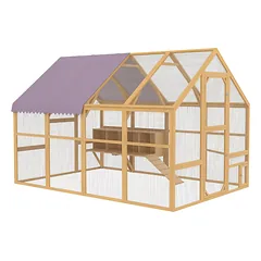 Vištidė iš medžio su aptvaru, saugos užraktu, durimis, 4 lizdinėmis dėžutėmis, skirta 8–12 vištų, apie 2,8 x 1,8 x 1,9 m, geltona