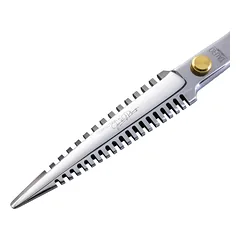Daugiafunkcės – kirpimo ir filiravimo žirklės su dėklu, Janitos Plungės Perfection linija, 19 cm, 19 cm (7,5"), 440C nerūdijančio plieno, auksinės rankenėlės — 2 nuotrauka