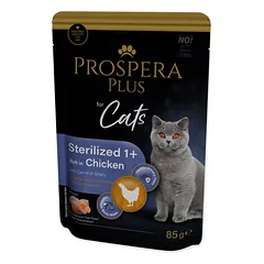 Prospera Plus Pouch Sterilized 1+ Chicken Carrot drėgnas maistas sterilizuotoms katėms su vištiena ir morkomis, 85 g — 4 nuotrauka