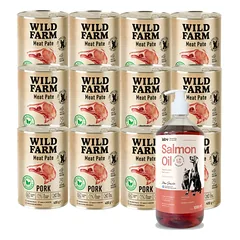 Wild Farm Pate Pork 12x400g pašaro šunims be glitimo + LAB V Lašišų aliejus šunims ir katėms 1000ml