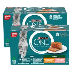 PURINA ONE Adult Terrine 8x85g su vištiena ir morkomis bei su lašiša ir morkomis, drėgnas maistas katėms
