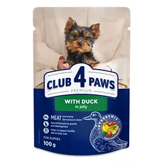 CLUB 4 PAWS Premium konservuotas ėdalas miniatiūrinių ir mažų veislių šuniukams su antiena drebučiuose 24x100 gr