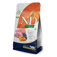 FARMINA N&amp;D Pumpkin Feline ėriena ir mėlynės suaugusiems kastruotiems gyvūnams 300g