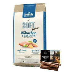 BOSCH Soft junior vištiena ir saldžiosios bulvės 12,5 kg + natūralūs  cigarai  su jautiena 7 vnt.
