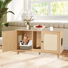 Kačių tualeto spintelė su dviem skyriais ir sizalio kilimėliais, natūralios medienos / balta, 109,2 × 50,8 × 61 cm — 3 nuotrauka