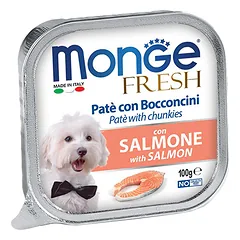 Monge Fresh paštetas ir gabaliukai su lašiša, drėgnas maistas šunims 100 g parduotuvėje superaugintinis.lt