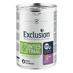 Exclusion Intestinal konservuotas pašaras šuniukams su kiauliena ir ryžiais M/L 400 g