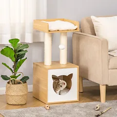 Namelis katei su platforma, sizalio stulpais, pagalvėle ir žaislu, 35x35x81 cm, katėms iki 4,5 kg, ąžuolo spalvos — 2 nuotrauka