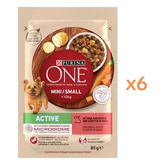 PURINA ONE Mini Small Active Beef 6x85g su jautiena ir bulvėmis padaže, drėgnas maistas mažiems šunims