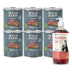 WILD FARM Superfood Wild Boar (elniena su batatais, uogomis ir žolelėmis) 6x800 g pašaro šunims be grūdų + LAB V Lašišų aliejus šunims ir katėms 1000ml