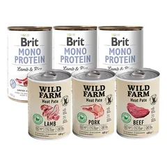 BRIT MONO BALTYMŲ JĖGŪNAS IR RUDONIEJI RYŽIAI 3x400g + Wild Farm Pate Lamb 3x400g skonių rinkinys