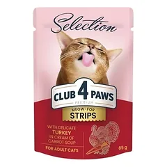 CLUB 4 PAWS Premium Selection visavertis konservuotas ėdalas suaugusioms katėms, juostelės su kalakutiena kreminėje morkų sriuboje 85g.x12vnt.