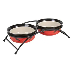 Trixie Eat On Feet Bowl Set keraminių dubenėlių komplektas su metaliniu stovu katėms, 2*0.25 l/12.5 cm, raudona/juoda/kreminė