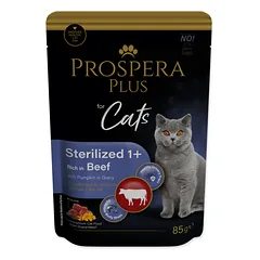 Prospera Plus Cat Pouch Sterilized 1+ Mix drėgnas maistas sterilizuotoms katėms su lašiša, jautiena, vištiena ir tunu, 12x 85 g — 3 nuotrauka