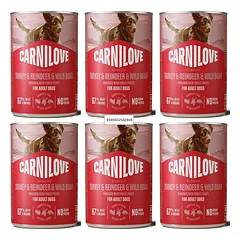 CARNILOVE Dog Can Turkey and Reindeer and Wildboar 6x400g visavertis mėsos paštetas su kalakutiena, šiaurinių elnių mėsa ir šerniena suaugusiems šunims