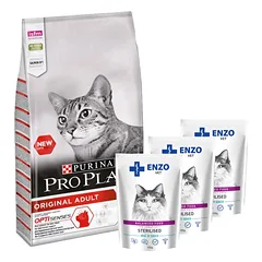 PURINA Pro Plan Original Adult Salmon 10kg + ENZO VET Sterilizuota su veršiena padaže 3x100g