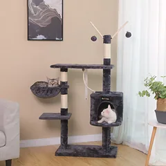 Kačių draskyklė su nameliu ir guoliu, tamsiai pilka ir smėlio spalvos, 134 cm — 3 nuotrauka
