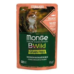 Monge BWILD Cat Pouches begrūdis drėgnas maistas sterilizuotoms katėms su lašiša, krevetėmis ir daržovėmis, 85 g