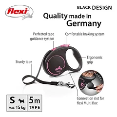 FLEXI pavadėlis šuniui Black Design S juostinis 5m, rožinis — 2 nuotrauka
