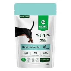 NATURE’S PROTECTION PRIME visų veislių suaugusių šunų svorio kontrolės palaikymui, šlapias pašaras su vištiena ir balta žuvimi 85 g photo