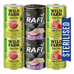 WILD FARM Premium Grain Free + Rafi 6x400g – be grūdų maistas kastruotiems katėms