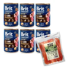 "Brit Premium by Nature" ėriena su BUCKWHEAT 6x400g + WILD FARM Minkšta vištienos krūtinėlė 500g skanėstai šunims