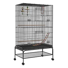 Narvas paukščiams ant ratukų su atidaromu stogu, laktomis ir žaislais, 97x58x160 cm, juodas